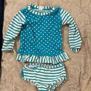 Ruffle Butts Aqua Polka Dot and Stripe Rashguard Set